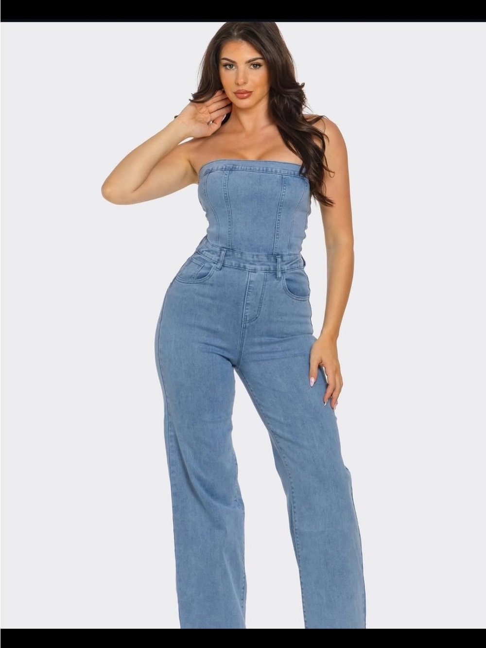 LA Girl Strapless Light Blue Denim Wide-Leg Jumpsuit